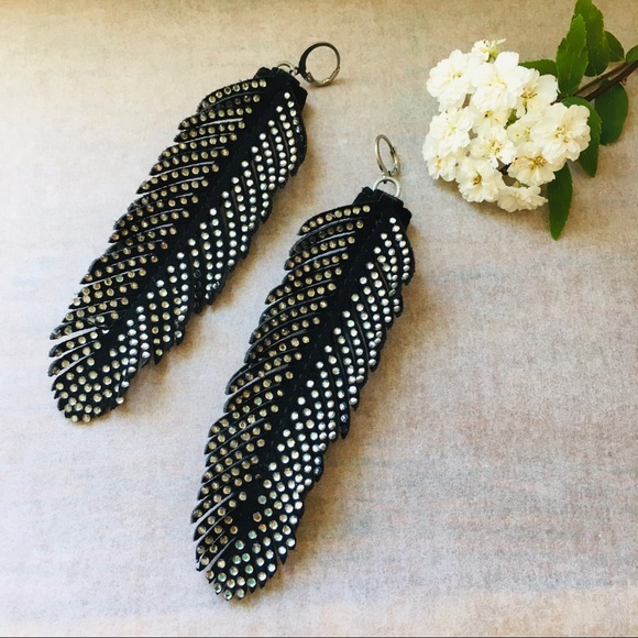 Large Feather Rhinestone Statement Earrings - Picture 2 of 3